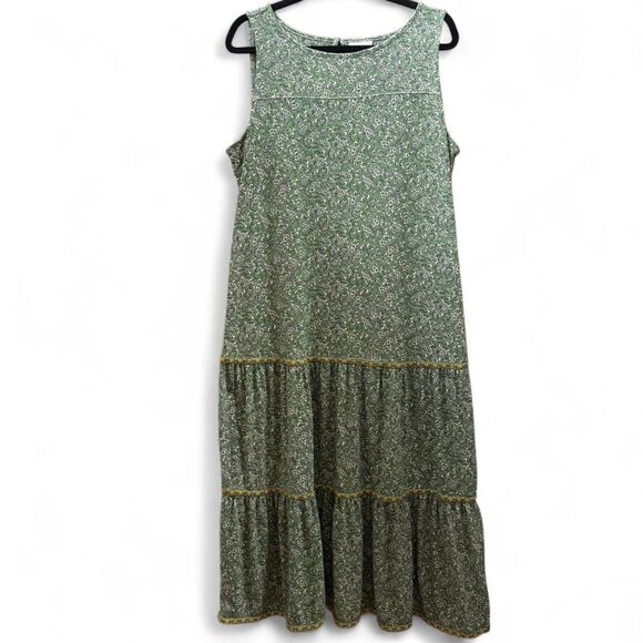 J.Jill Tiered Floral Green Maxi Dress Size L Soft Knit Cottagecore Boho Flowy - Picture 2 of 9